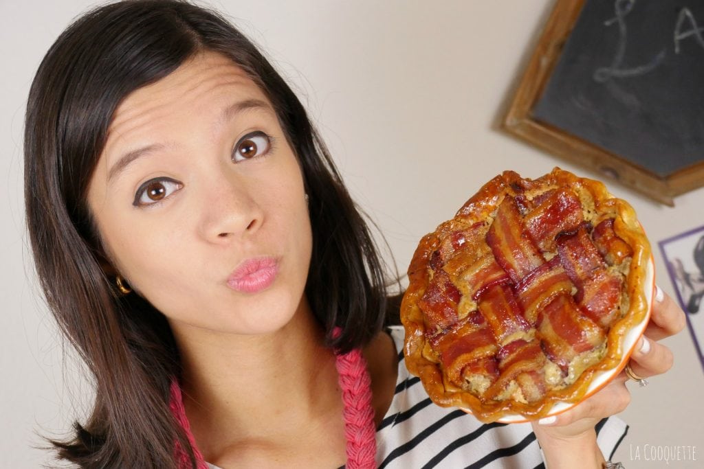 Me holding the beautiful Chocolate Chip Bacon Pie!