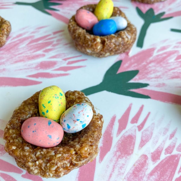 close up of a few Easter bird's nests treats made with a paste of pitted dates, almonds and no added sugars.