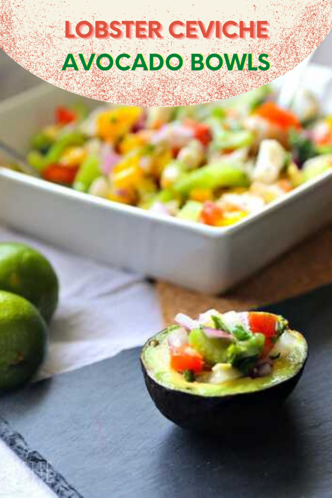 Lobster ceviche avocado bowl image to share on Pinterest