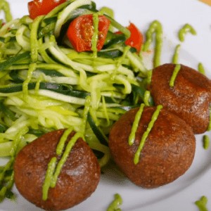 Zucchini Pasta with Kale Pesto and Vegetarian Meatballs