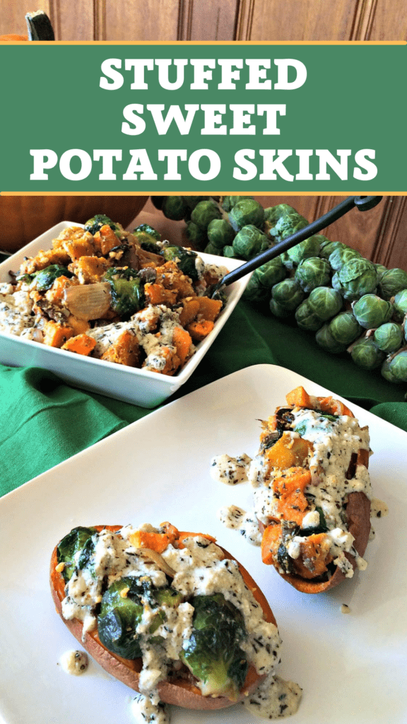 Fall Veggies in Roasted Sweet Potato Skins pin for sharing on Pinterest and other social media