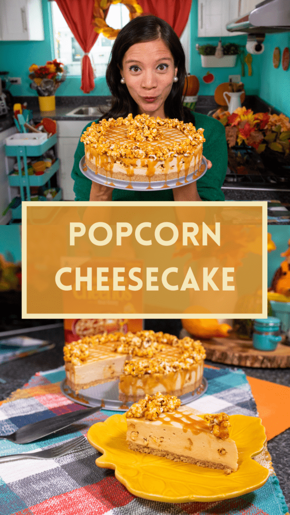 Poster for the popcorn cheesecake recipe to share on Pinterest and social media