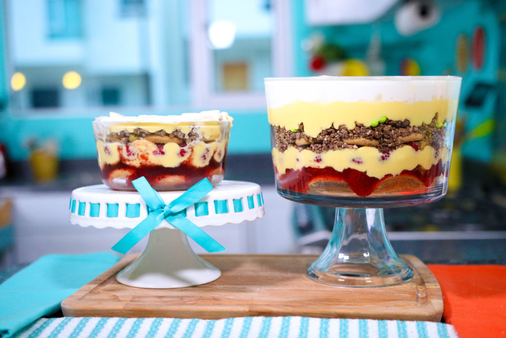 The original "Rachel's trifle" (left) with beef, onions, and chickpeas. Along with it, the delicious, and sweet more palatable version without any savory ingredient.