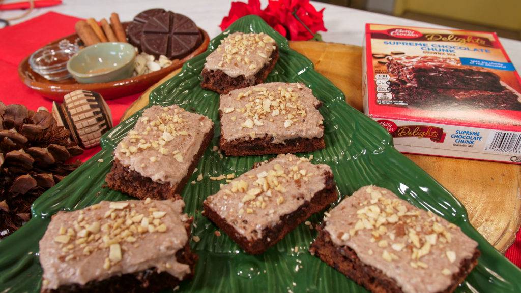 Mexican Hot Chocolate brownies on a Christmas tree tray