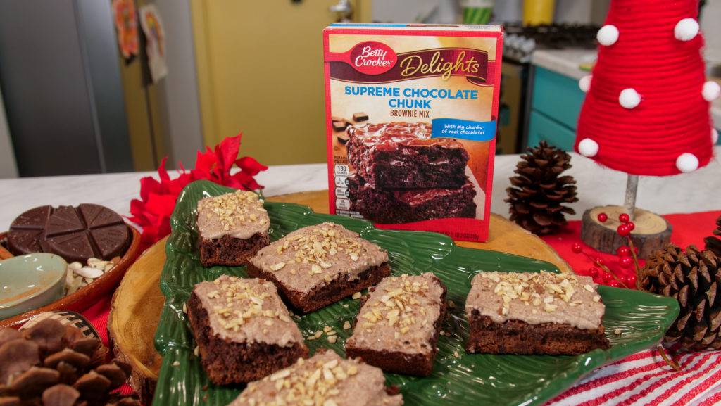 Mexican Hot Chocolate brownies on Christmas tray with betty crocker
