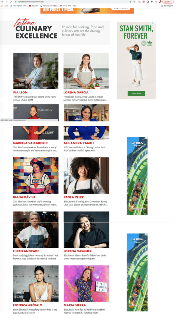 Screenshot of Hola magazine's Latina Powerhouse Top 100, category of Culinary Excellence, showcasing Marcela Valladolid, Alejandra Ramos, Lorena Garcia and Maria Sierra among others